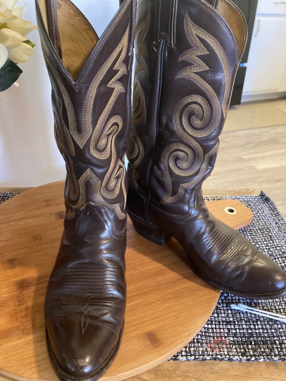 Tony Lama Brown Leather Cowboy Boots with Tan Stitching